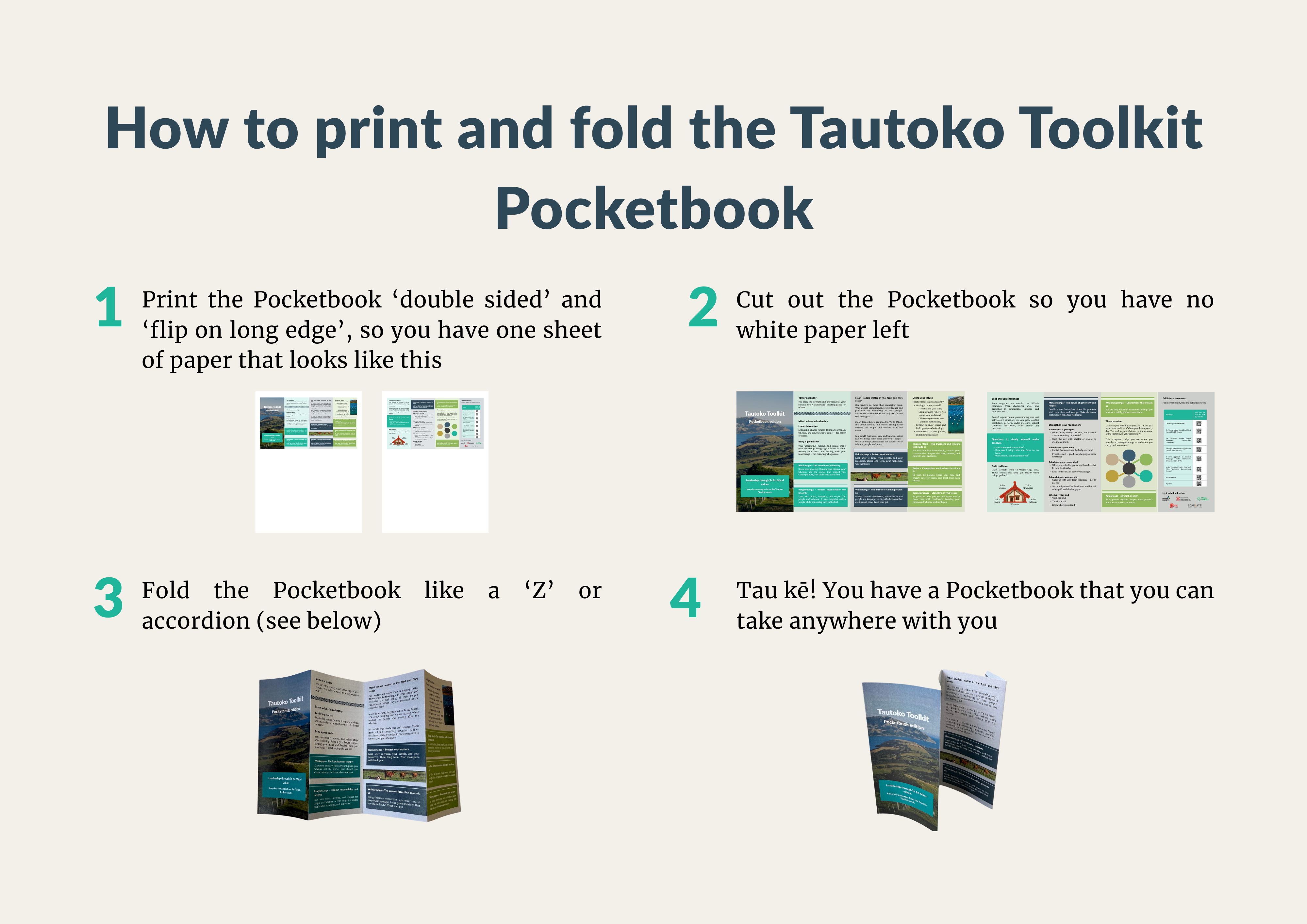 Print double-sided and 'flip on long edge'.
Cut out so there is no white paper left.
Fold like an accordion.